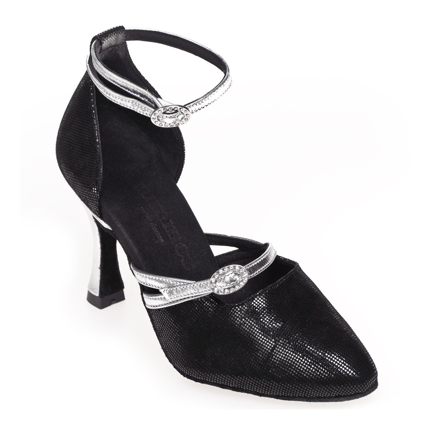 Chaussures de danse Rummos "Zita"cuir noir imitation peau de lézard et cuir argent