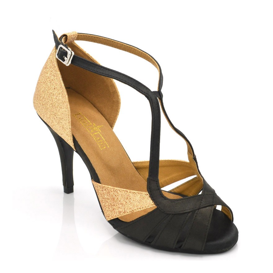 Chaussures de danse salsa Label Latin "Lucie" satin noir et glitter or