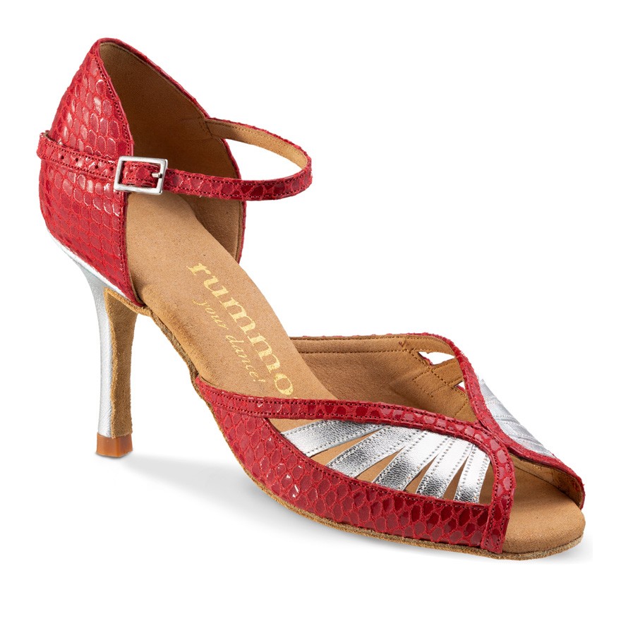Chaussures de danse Rummos "Stella" cuir argent et cuir rouge imitation peau de serpent