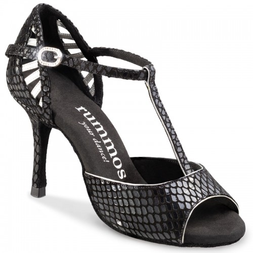 Chaussures de danse Rummos "Valentina" Cuir noir imitation peau de serpent et cuir argent