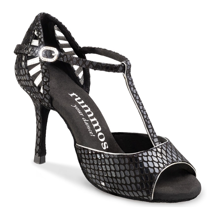 Chaussures de danse Rummos "Valentina" Cuir noir imitation peau de serpent et cuir argent