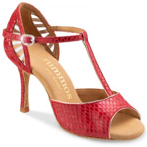 Chaussures de danse Rummos "Valentina" cuir rouge imlitation peau de serpent et cuir argent