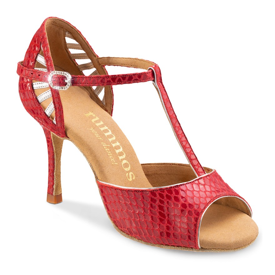 Chaussures de danse Rummos "Valentina" cuir rouge imlitation peau de serpent et cuir argent