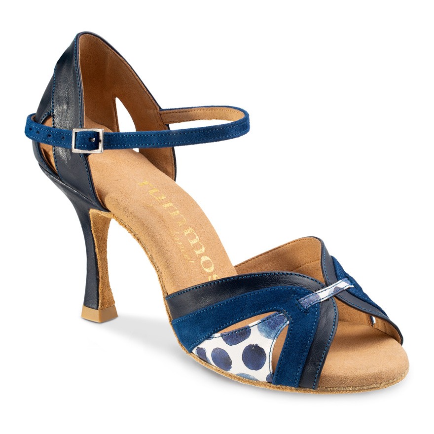 Chaussures de danse Rummos "Isabel" Cuir bleu marine, nubluc bleu et cuir blanc à pois bleu