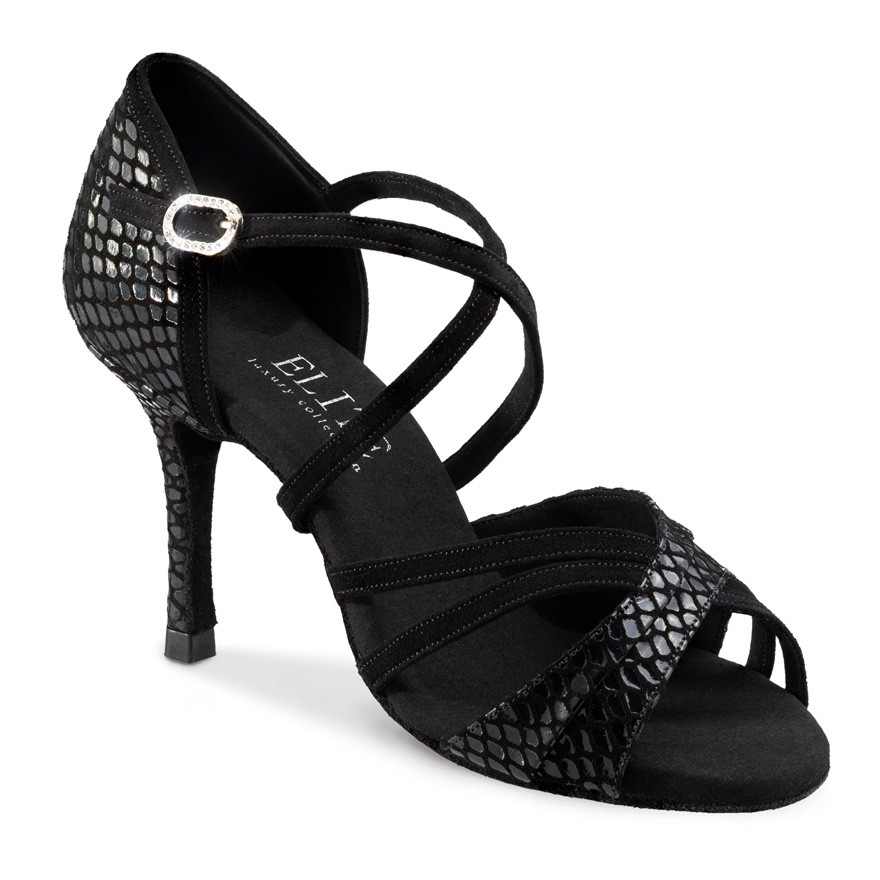 Chaussures de danse professionel Elite Rummos "Athena" daim noir et cuir noir imitation peu de serpent 