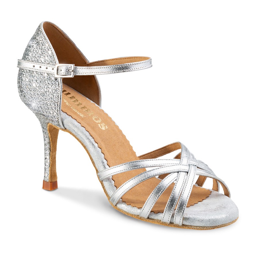 Chaussures de danse Rummos "Maryline" cuir argent lisse et cuir glitter argent