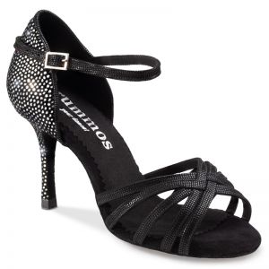 Chaussures de danse Rummos "Maryline" Cuir noir strass&eacute; et cuir noir imitation peau de l&eacute;zard