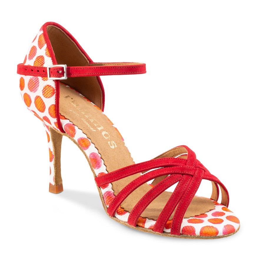 Chaussures de danse Rummos "Maryline"Daim rouge et cuir blanc à pois rouge