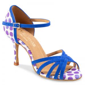 Chaussures de danse Rummos "Maryline" daim bleu et cuir blanc à pois bleu