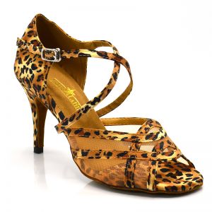 Chaussures de danse kizomba Label Latin " Helena" satin imprimé léopard et tulle