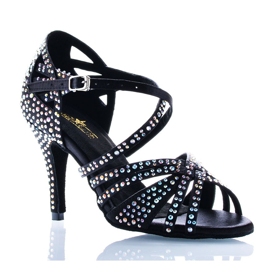 Chaussures de danse salsa Label Latin "Wanda" Satin noir et strass