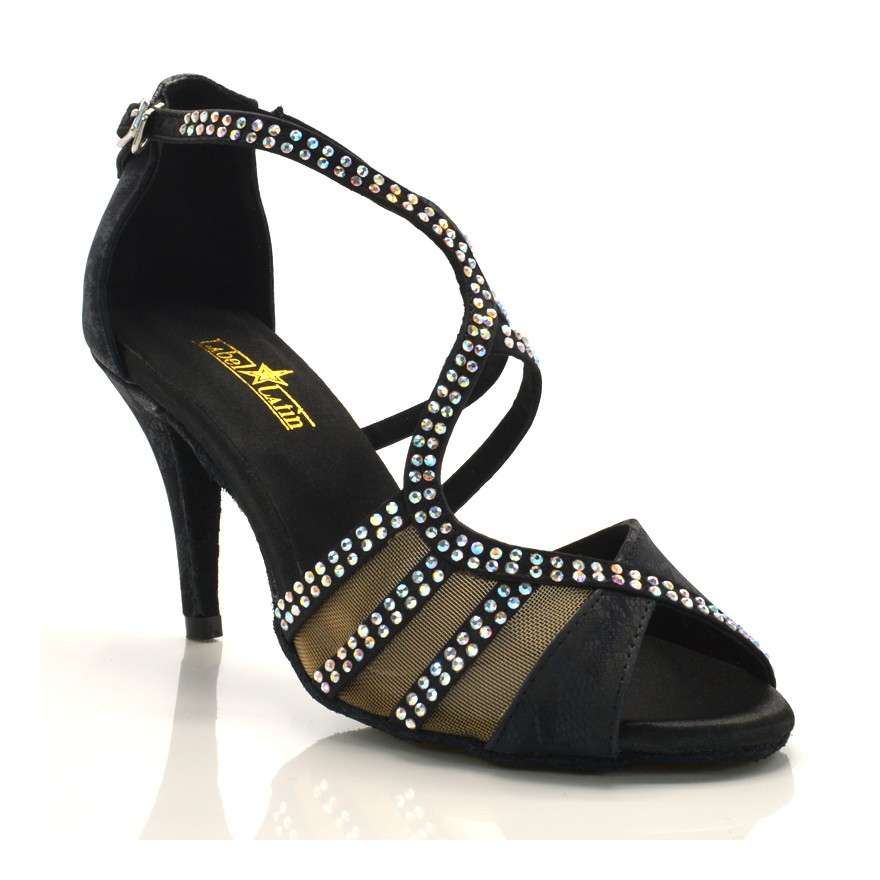 Chaussures de danse salsa Label Latin "Tricia" imrpimé fleur noir et strass