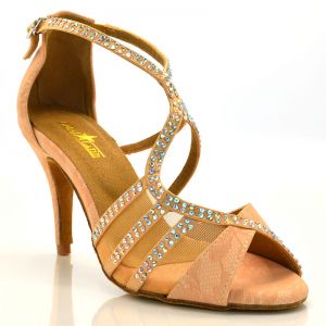 Chaussures de danse salsa Label Latin "Tricia" Simili cuir motifs floral tan flesh et strass