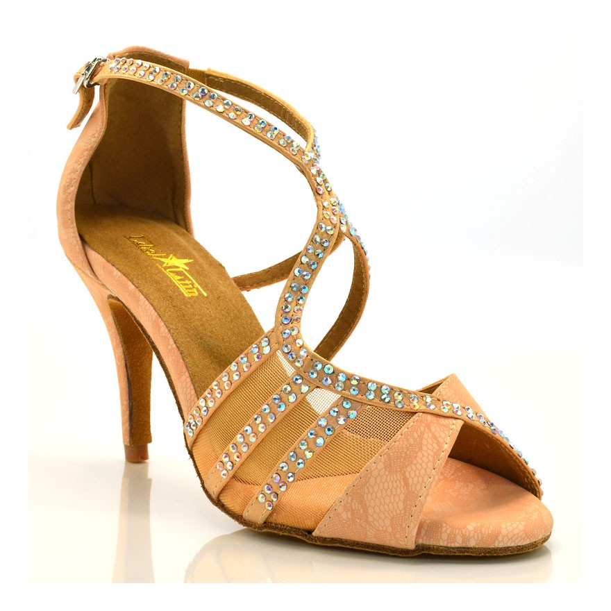 Chaussures de danse salsa Label Latin "Tricia" Simili cuir motifs floral tan flesh et strass