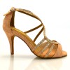 Chaussures de danse salsa Label Latin "Tricia" Simili cuir motifs floral tan flesh et strass