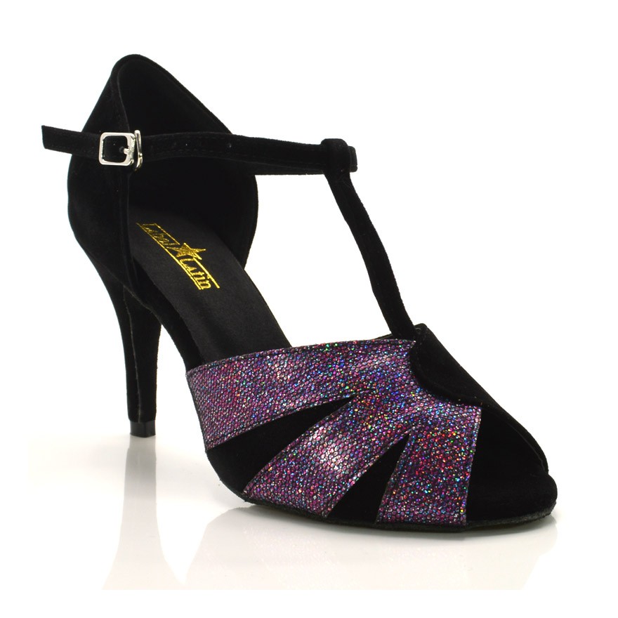 Chaussures de danse salsa Label Latin "Pia" velou noir et glitter violet