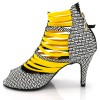 Chaussures de danse Label Latin "Nissa" Elastique jaune et Simili cuir motifs noir et blanc
