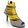 Chaussures de danse Label Latin "Nissa" Elastique jaune et Simili cuir motifs noir et blanc