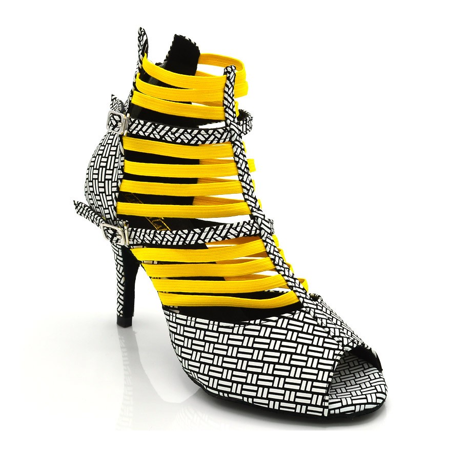 Chaussures de danse Label Latin "Nissa" Elastique jaune et Simili cuir motifs noir et blanc