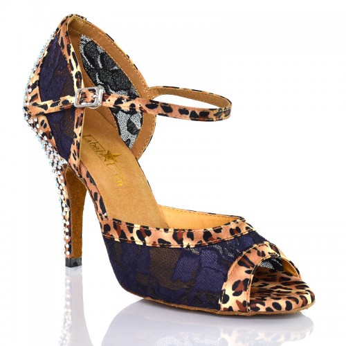 Chaussures de danse Label Latin "Tessa" satin imprimé léopard et dentelle bleu