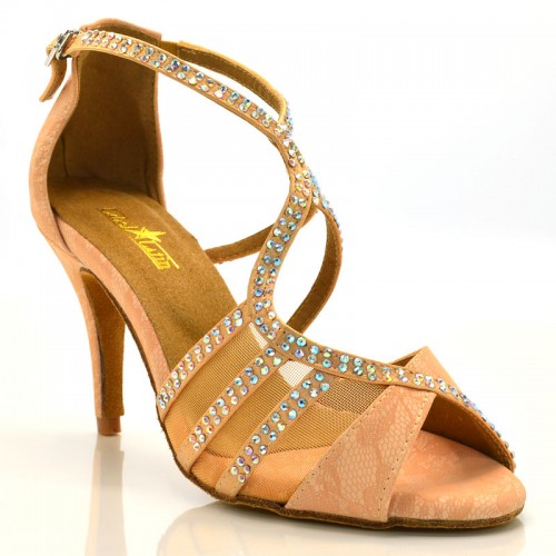 Chaussures de danse Label Latin "Tricia" Simili cuir motifs floral tan flesh et strass