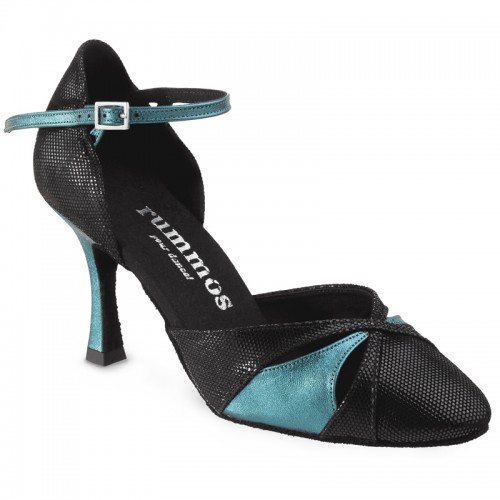 Chaussures de danse Rummos "Nora" cuir noir imitation peau de lézard et cuir bleu